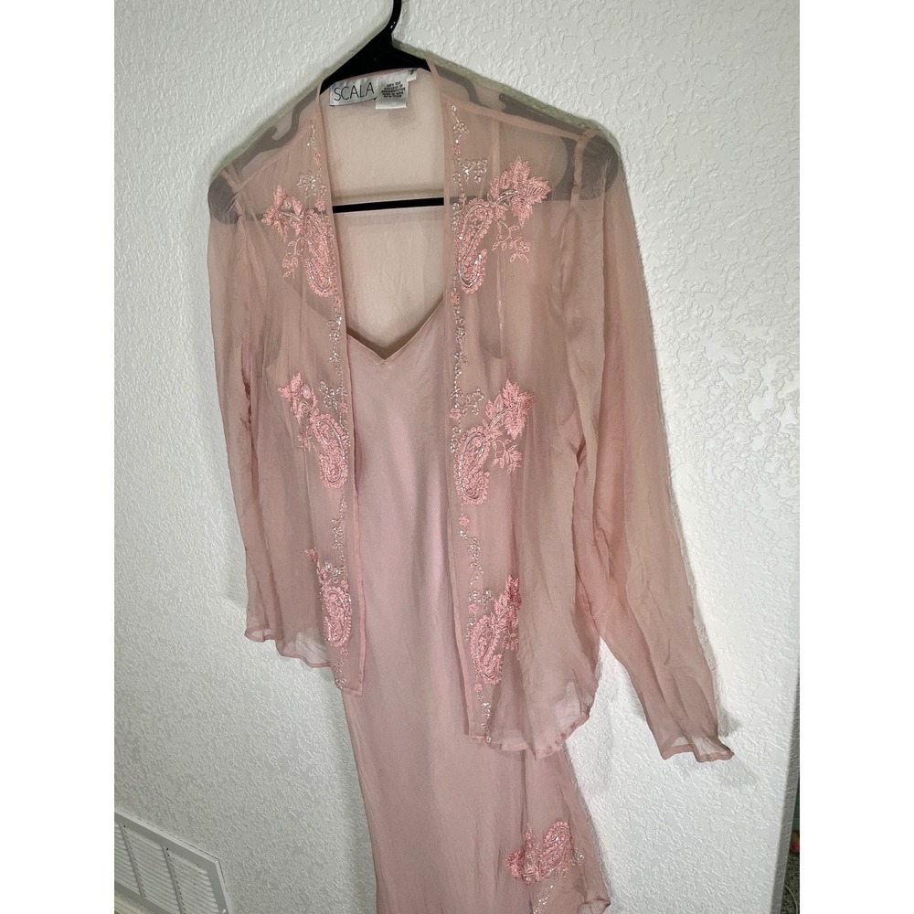 Scala Vintage 100% Silk Pink Beaded Floral Maxi Dress & Jacket Set Womens S - Picture 5 of 16